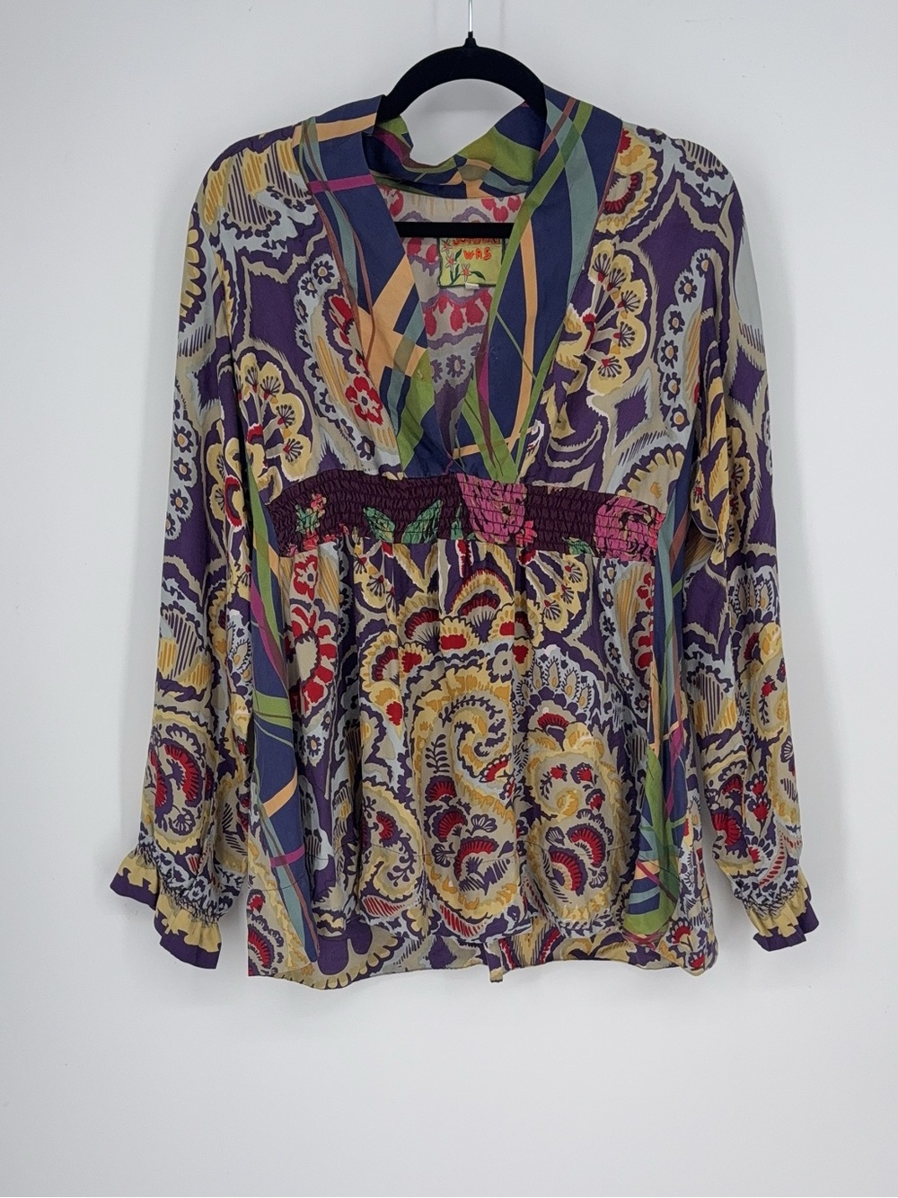 Johnny Was Size M Multi Color Silk Tunic Top Empire Waist V-Neck Boho Womens